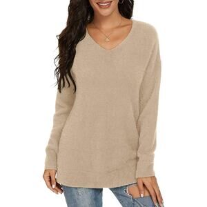 QIXING Women's Size Large V Neck Long Sleeve Side Slit Fuzzy Knit Sweater Khaki
